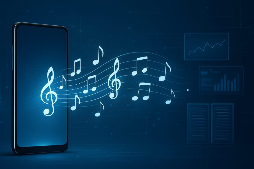 A smartphone emitting musical notes against a digital backdrop