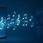A smartphone emitting musical notes against a digital backdrop
