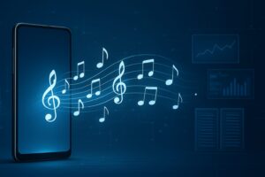 A smartphone emitting musical notes against a digital backdrop