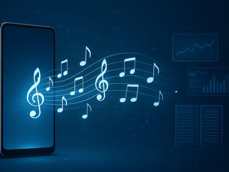 A smartphone emitting musical notes against a digital backdrop