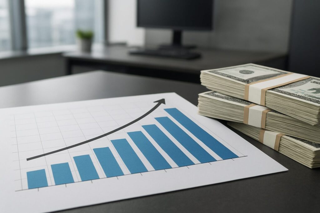 A stack of cash next to a growth chart, symbolizing financial success and entrepreneurship.