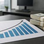 A stack of cash next to a growth chart, symbolizing financial success and entrepreneurship.