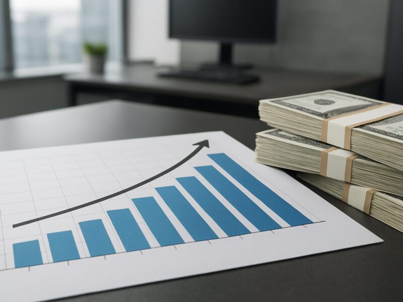 A stack of cash next to a growth chart, symbolizing financial success and entrepreneurship.