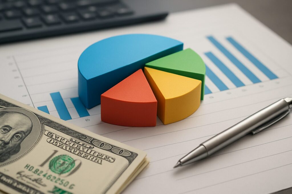 A colorful pie chart and a hundred-dollar bill on a financial report.