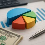 A colorful pie chart and a hundred-dollar bill on a financial report.