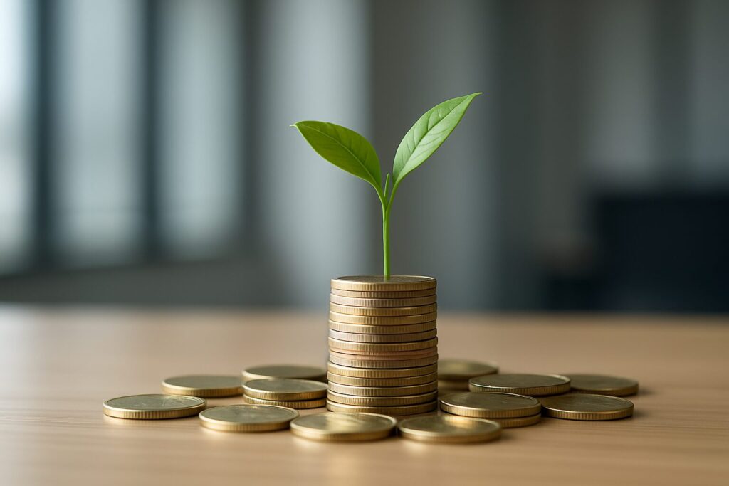 A small plant growing from a stack of coins, symbolizing growth and investment.