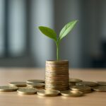 A small plant growing from a stack of coins, symbolizing growth and investment.