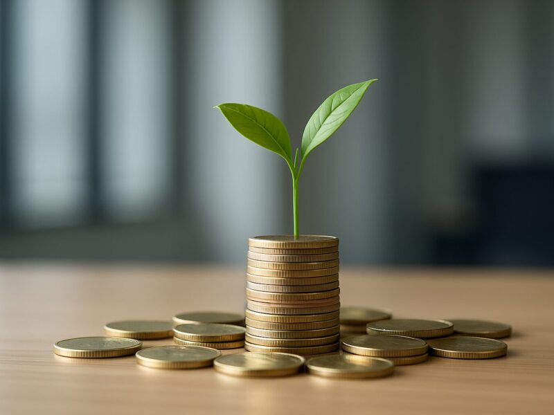 A small plant growing from a stack of coins, symbolizing growth and investment.