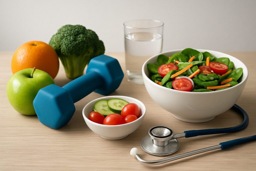 A bowl of salad with cherry tomatoes, fresh vegetables, a dumbbell, and a stethoscope on a wooden table.
