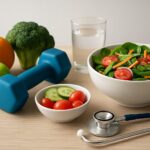 A bowl of salad with cherry tomatoes, fresh vegetables, a dumbbell, and a stethoscope on a wooden table.