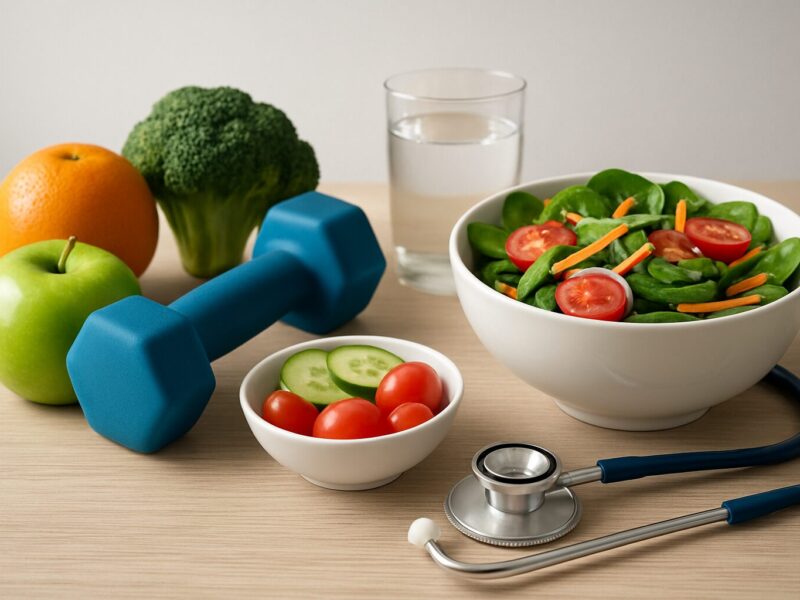 A bowl of salad with cherry tomatoes, fresh vegetables, a dumbbell, and a stethoscope on a wooden table.