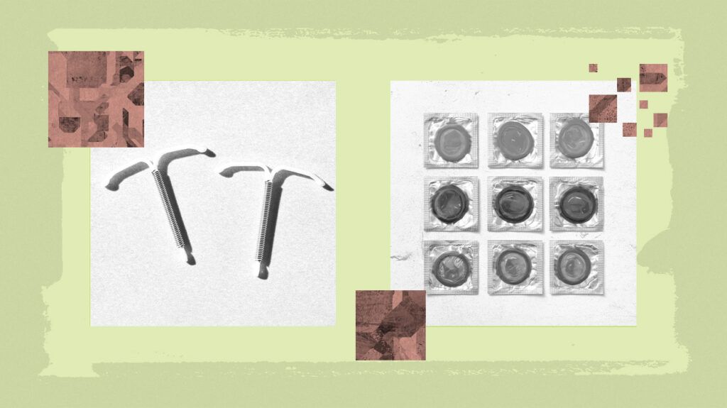 A graphic featuring contraceptive options including IUDs and condoms arranged on a colorful background.