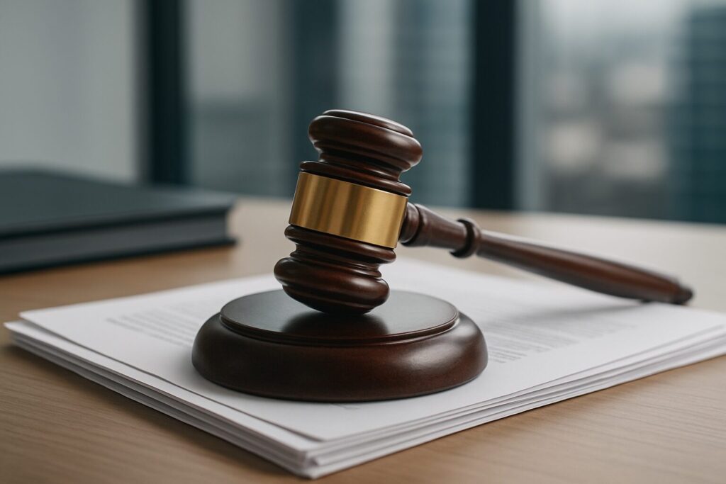 A wooden gavel resting on a stack of documents in an office setting.