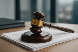 A wooden gavel resting on a stack of documents in an office setting.