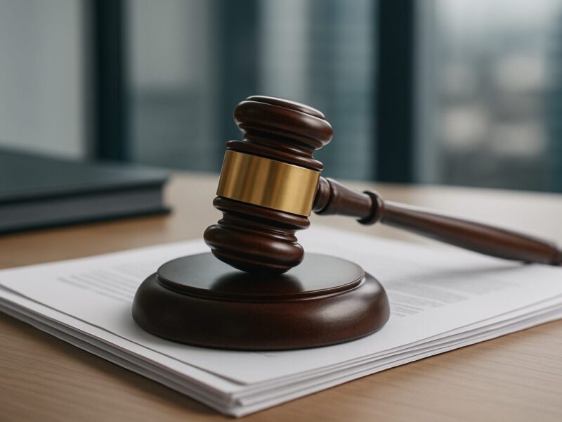 A wooden gavel resting on a stack of documents in an office setting.